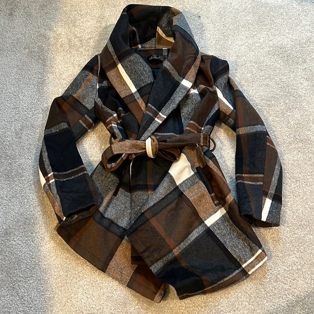 Chic wish brown, black and gray pea coat with belt